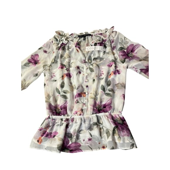 White House Black Market Womens 6 Floral Blouse Ecru Violet Ruffle + Tank NWT - Picture 3 of 16